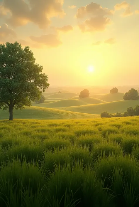 A plain field with slightly tall grass, some trees, its sunrise, 