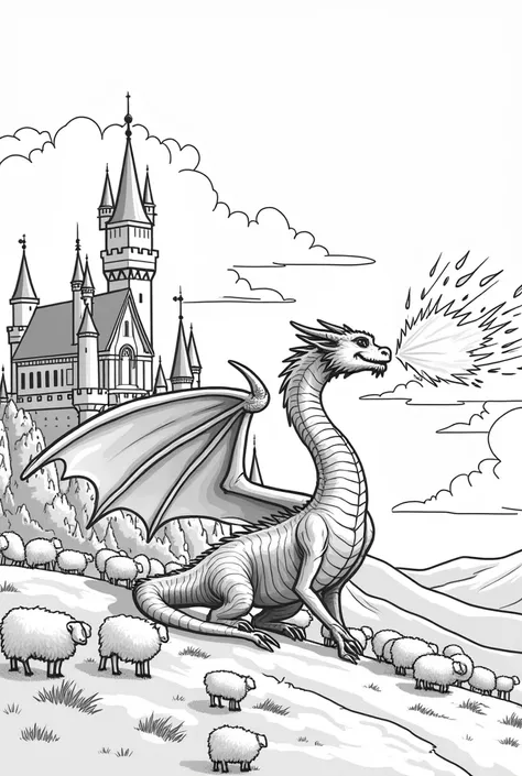 colouring book, line art, a realistic full background image from a blank coloring book, featuring a realistic and high quality image of a realistic looking dragon spitting fire. there is a huge castle as well as sheeps in the background. coloring book. The...