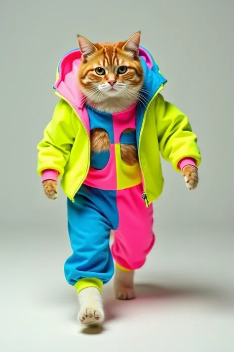 Bold Colorblock Style: A playful, colorful outfit with a mix of neon yellow, blue, and pink sections. The cat’s fur peeks through strategic cutouts in the design, and it’s walking with a bold, head-turning swagger.