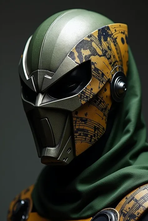 Make a full face mask like doctor doom , only mask not body , the half of mask is printed with guitar and other music 🎶