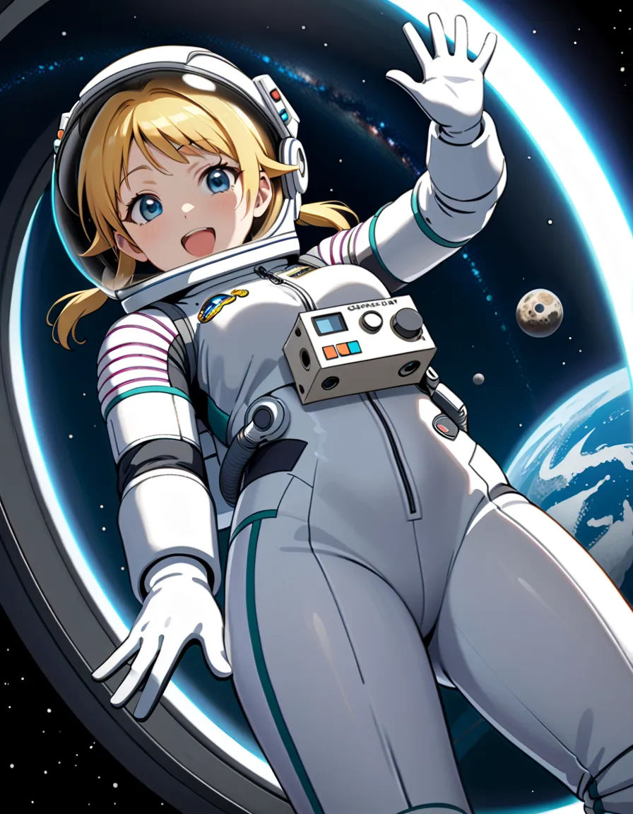 (spacesuit:1.15), white cargo pants, astronaut)bubble helmet, space helmet, white gloves , , looking close at you, outer space, ...