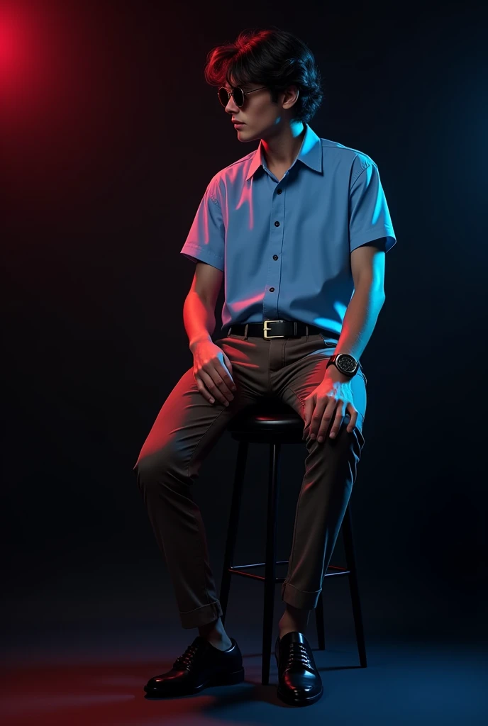 A 21 year smart  boy with and black wave hair and wearing a sunglass and sky blue short sleeve shirt tucked with dark brown belt with black long trousers, old watch, black loafers sitting on black stool and black background red and blue light on it and the...