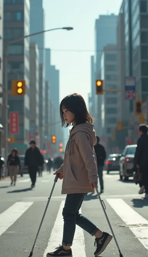 blind korean girl crossing the road, realistic, 8k , high resolution