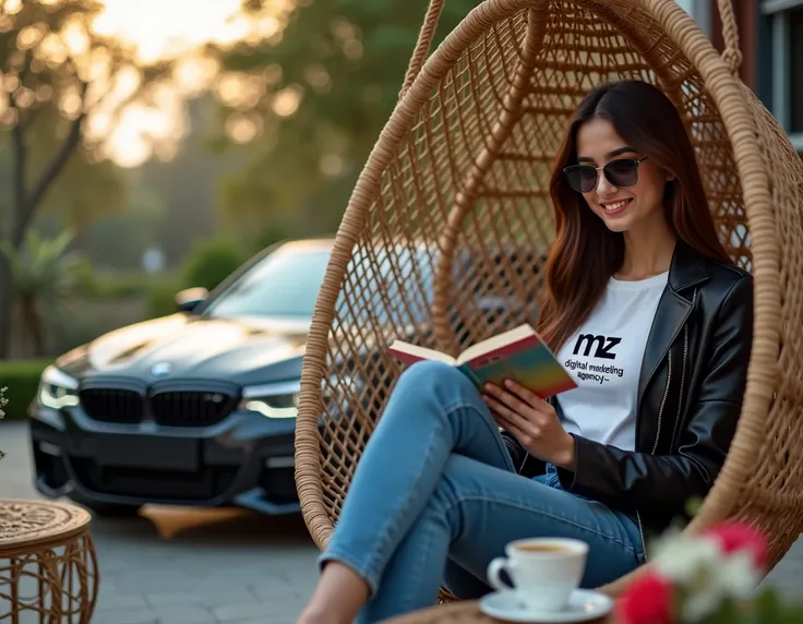 Pakistani realistic beautiful cute 18 years old fair skin looking down model fashionable stylish attitude There is a sitting on the second floor of the house and a black BMW car is parked below Sitting Egg Shape Hanging Swing Chair stylishly like a queen T...