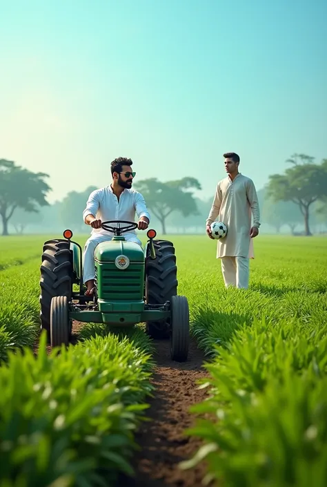 A wide, picturesque farmland scene showing Virat Kohli driving a tractor in the foreground, wearing traditional desi attire—a white kurta and blue jeans—without a hat, and focused on plowing the fields. In the background, Cristiano Ronaldo appears in a des...