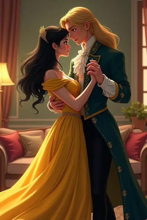 black-haired woman electric blue eyes pale white skin disguised as beautiful the princess in the yellow dress accompanied by a 33-year-old man with long blond hair green eyes olive skin male man disguised as a prince dancing in a living room 