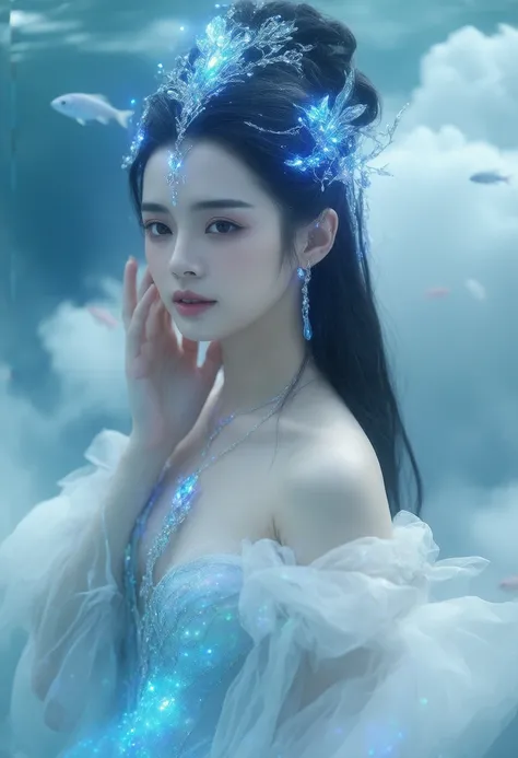 https://s.mj.run/0mWzB77bJKc A Chinese style mermaid wearing gorgeous bluepink neon jewelry on her head, surrounded by fish in the sea, with exquisite details, delicate facial features, delicate eyes, long flowing hair behind her, surrounded by white cloud...