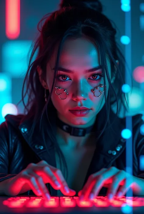  A highly detailed shot of a cyberpunk girl typing on a keyboard in front of a holographic display - Her eyes dart back and forth as she hacks into a highly secured system. The neon lights reflect off the lenses of her cybernetic implants as she types furi...