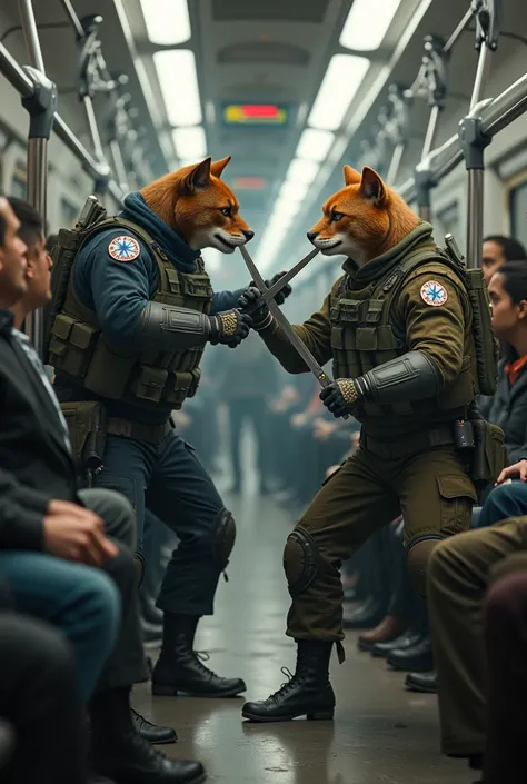  in a crowded train 、Fight with a sword、Bipedal dog and cat、Dressed as a special forces、 super real 、 Super Fine