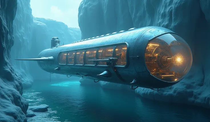  research submarine-ship dives into Europes subglacial ocean ,  hybrid the design is adapted for space and deep-sea diving ,  the transparent aluminum body allows you to see the operation of the internal mechanisms,  thermal drills burn ice a kilometer thi...