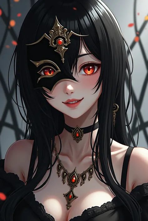 High Resolution,Black Hair, Jewelry, Smile, Mask, Masterpiece, 