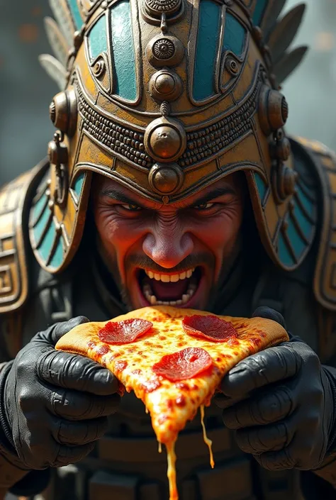 Modern soldier wearing an Aztec helmet biting off a slice of pizza 