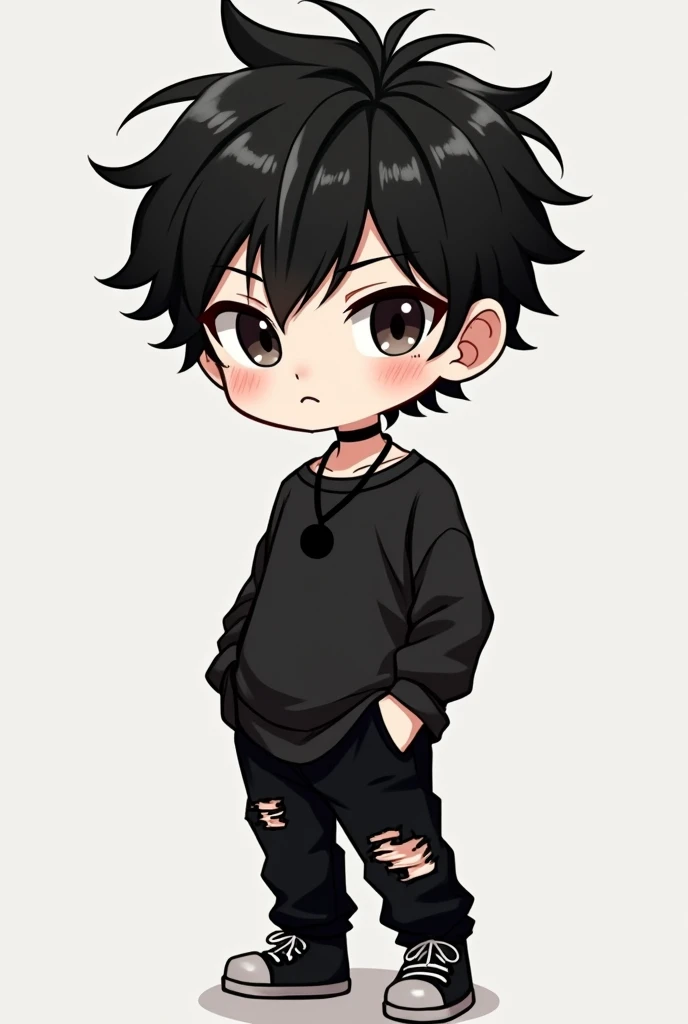 bikinkan chibi art . character black haired teen boy.mamakai black necklace .black shirt .torn black pants 
