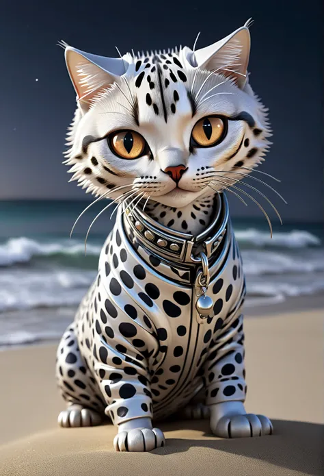 A cat that gets inside pressure points on the beach at night
Cat breeds： Egyptian Maw
Coat color and pattern ：(Short hair with dark spots on silver hair :1.5)
Costume： An accessory that imitates a pot pattern on the head
physical characteristics：Flexible b...