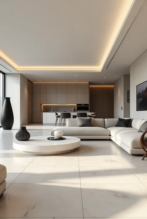 Rendering interiors Modern and minimalist living room and large integrated kitchen , off white ,  white with black  , curved sofa  , piso granito off,  minimalist white design coffee table ,  led profile lighting  , Giant square  ,large curved carpet  ,bla...