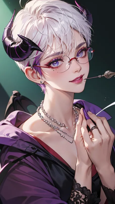 8k, masterpiece, best quality, highly detailed, 1 girl, devil, demon horns, warlock, pixie cut, white hair, multicolored hair, very short straight hair, red highlight hair on white hair, stippled hair, wearing glasses, round glasses, earrings, red eyeshado...