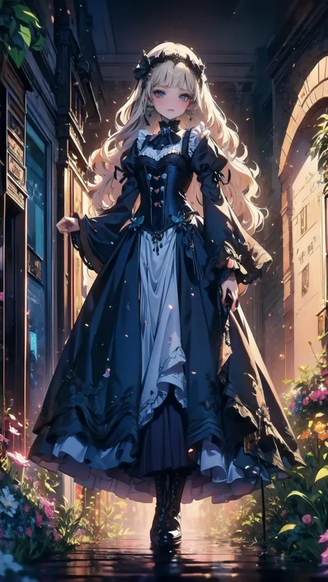 (((gothic))),      tree々woman standing on a street surrounded by   、 a fascinating scene  ,     decorate with hair accessories  ...