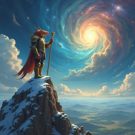 Cosmic symbolism in the ART style. The knight-with the head of a crab, stands on a mountain and whistles