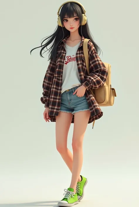 A 25 years old girl. Korean girl
Shes wearing an oversized green and white plaid shirt layered over a white graphic T-shirt with bold green text, giving a laid-back vibe. She pairs this with knee-length denim shorts that have frayed hems, adding a touch of...