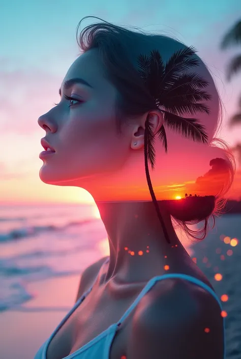 The aesthetics of Vaporwave, Bright colors, double exposure image of sunset, Ocean, beautiful woman with palm tree