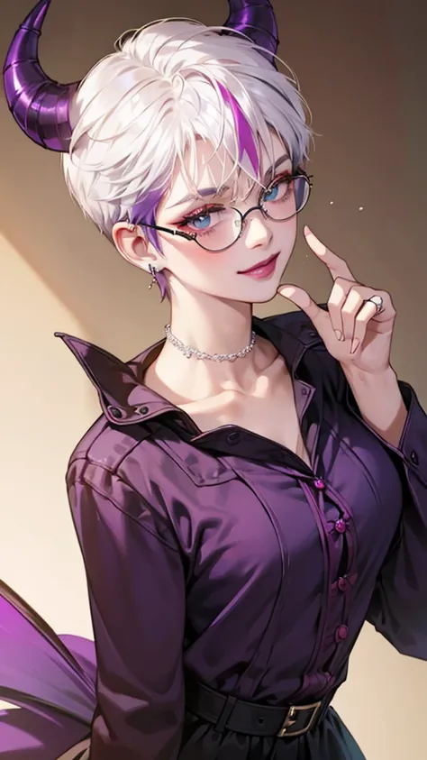 8k, masterpiece, best quality, highly detailed, 1 girl, devil, demon horns, warlock, pixie cut, white hair, multicolored hair, very short straight hair, red highlight hair on white hair, stippled hair, wearing glasses, round glasses, earrings, red eyeshado...