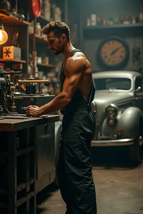  The Italian actor and model Andréa Denver, in a photo shoot as a mechanic  