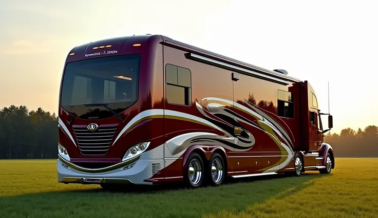 2025 kenworth T-2000 back view full red Design a luxurious showroom longer motorhome built on a heavy-duty truck chassis, featuring a sleek maroon exterior with white accents and modern aerodynamic design. The motorhome should include large windows, polish...