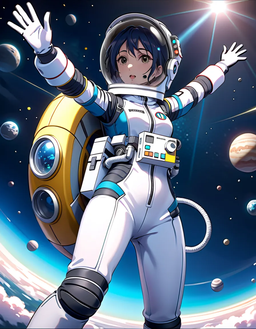 (spacesuit:1.15), white cargo pants, astronaut)bubble helmet, space helmet, white gloves , , looking close at you, outer space, ...