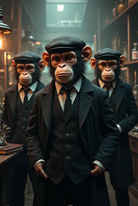 Generate an image of a society of scientists monkeys. Make them like peaky blinders 
More then THREEE and make it better also give them expressions