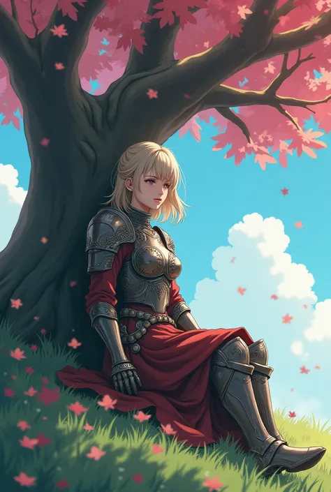 An adult girl in armor sat under an anime-style tree 