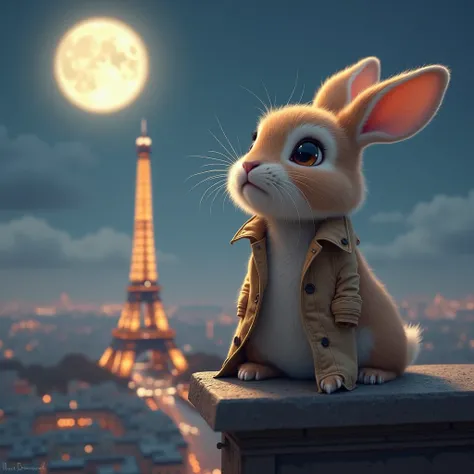  fluffy coat under natural light、 bigger eyes、Cute rabbit、エッフェル塔の上に座り、 looking up at the moon 。The gentle moonlight 、 rabbits。 rabbit is sitting on top of the Eiffel Tower wearing a trench coat。