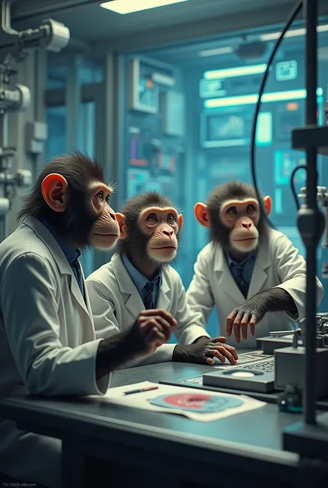 Generate an image of a society of scientists monkeys. Make More then THREEE and make it better also give them expressions