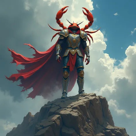 Cosmic symbolism in the ART style. A knight with the head of a crab, standing on a mountain, his cloak fluttering in the wind, the wind raging in the background