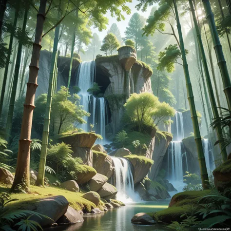 masterpiece,  top quality,  Detailed , Film Art , 4K, Background and : [[sunlight]] at the end of the forest path, Bamboo forest with a strong waterfall 