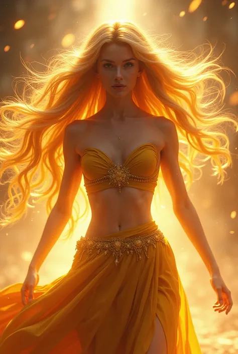  Imagine a princess with long blond hair ,  that floats powerfully around her , illuminated by a golden aura . She is naked.  Her eyes shine with a remarkable intensity ,  that reflects her superhuman power .  She is in a dynamic pose ,  readiness to defen...