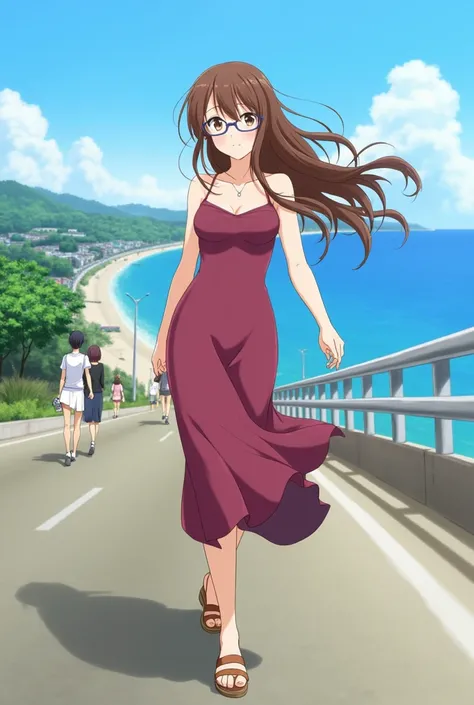 Has a Rio Futaba ,  personaje de Bunny girl sempai , long hair,  brown hair, (brown eyes:1.5),  big breasts,glasses,happy smile, smile,  Open your mouth, de súper  High resolution, bare clavicle , bare shoulders,bare neck,long skirt, Beautiful sandals , Re...