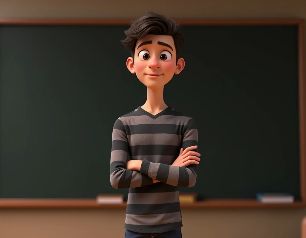 a pixar realistic tall young man wearing a striped shirt pointing on a black board