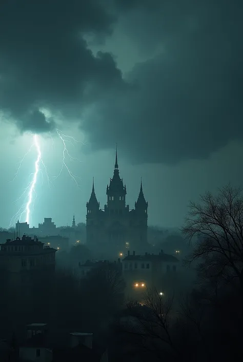  A dark and threatening sky covering Madrid ,  with lightning illuminating the clouds . in the distance, The Álvarez mansion rises ,  showing its greatness and vulnerability to the storm.