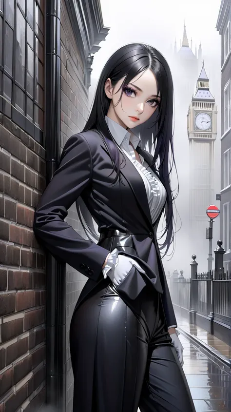 solo。 realistic drawing。High image quality。 High Quality 。 Digital Painting 。

British women。
 black hair、 shiny, smooth, straight hair leaning against a building wall。
 very long hair。
 can be seen on the forehead。
Long side hair。
 dark purple eyeshadow。
...