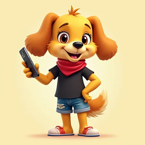 Create a cheerful anthropomorphic golden dog character with floppy ears and a bright personality. The character should have a lively, cartoonish design and be dressed in casual, modern attire. This includes a black t-shirt, denim shorts, and a red scarf fo...