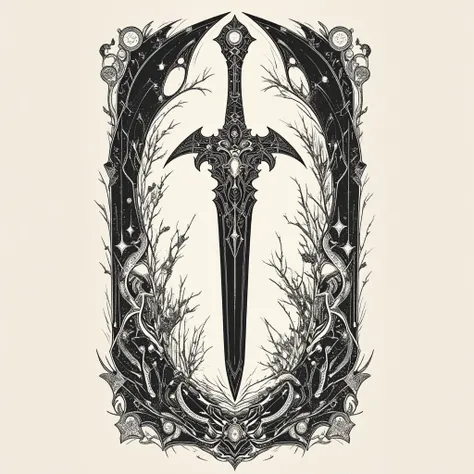 illustration of ceremonial dagger ,  object for Gustave Dore style black and white card game,  dark souls style , the fire ring, Lord of the Rings