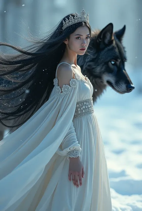 A woman with long black hair and wearing a crown, her eyes are black, she wears a windy white dress, and she is in a snowy environment, with a black wolf by her side.