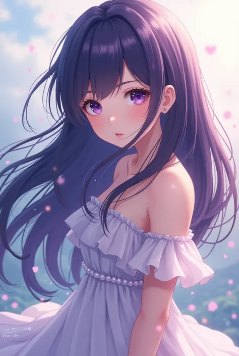 anime girl with midnight purple long hair with her hair blowing through her hair  and a cute dress