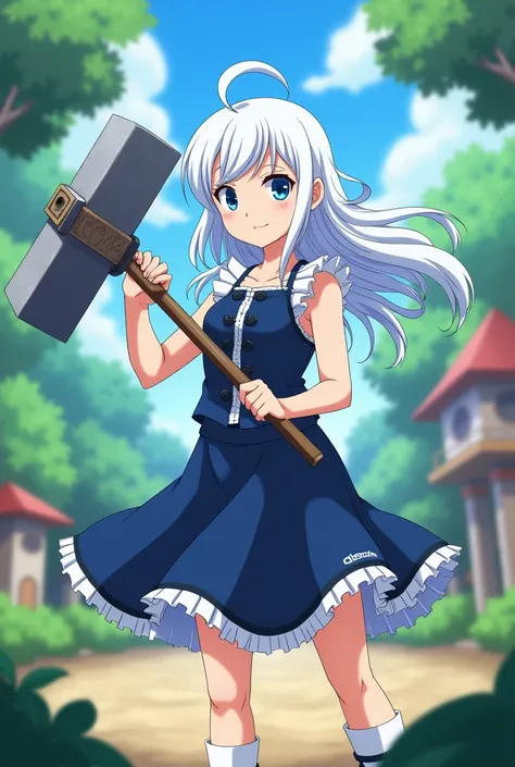 Anime girl Lisanna white hair and blue eyes from a fairy tail with a hammer