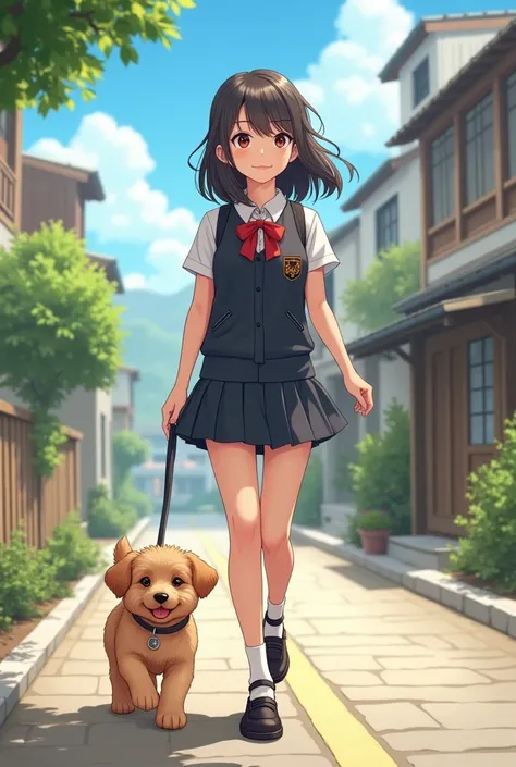 Make a beautiful student girl these girl walk on road with puppy