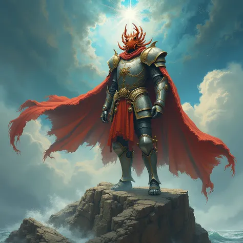 Cosmic symbolism in the ART style. A knight with the head of a crab, standing on a mountain, his cloak fluttering in the wind, the wind raging in the background