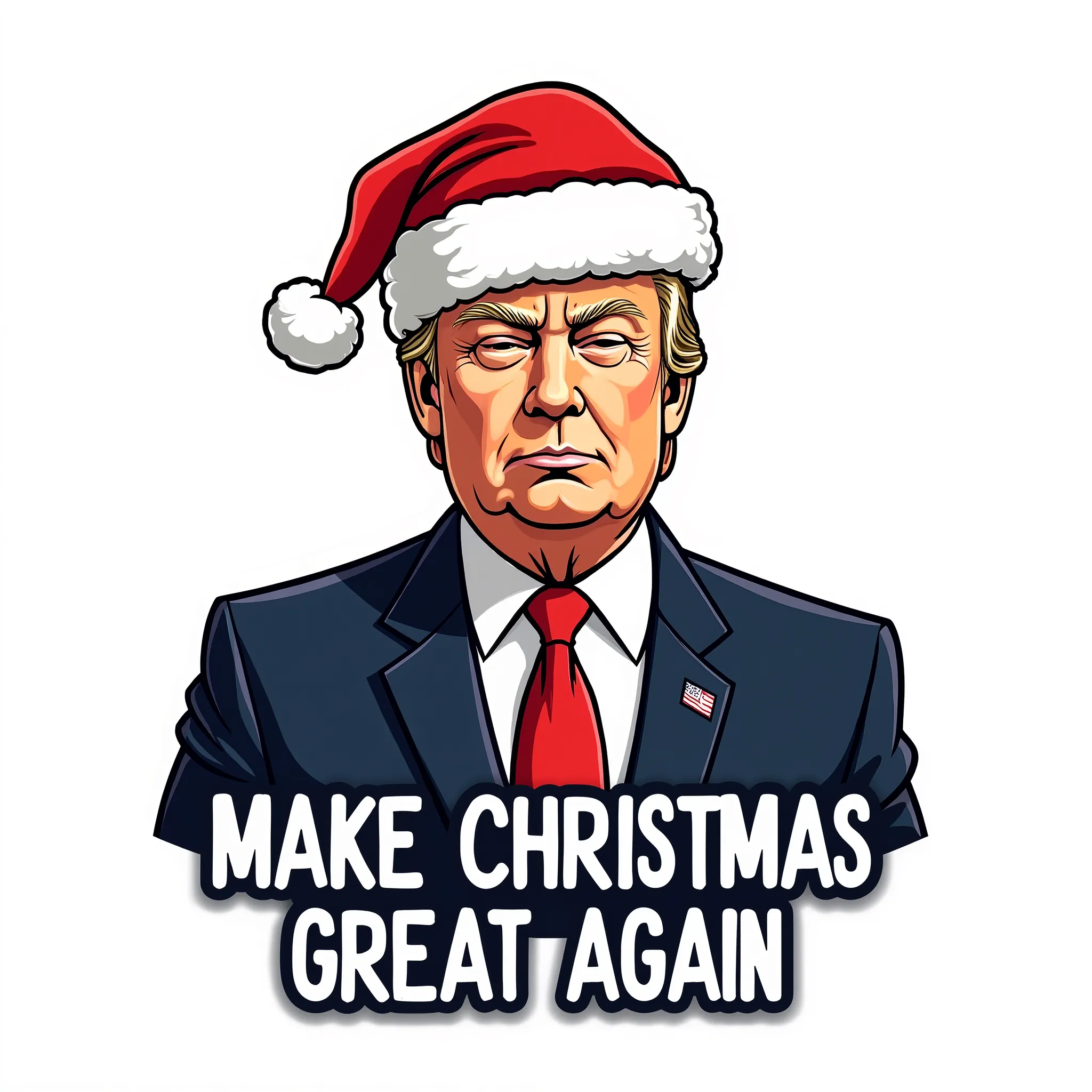 A cartoon illustration of Donald Trump wearing a suit and a red Santa hat. The text "MAKE CHRISTMAS GREAT AGAIN" is written in large, white letters below him. The background is white.