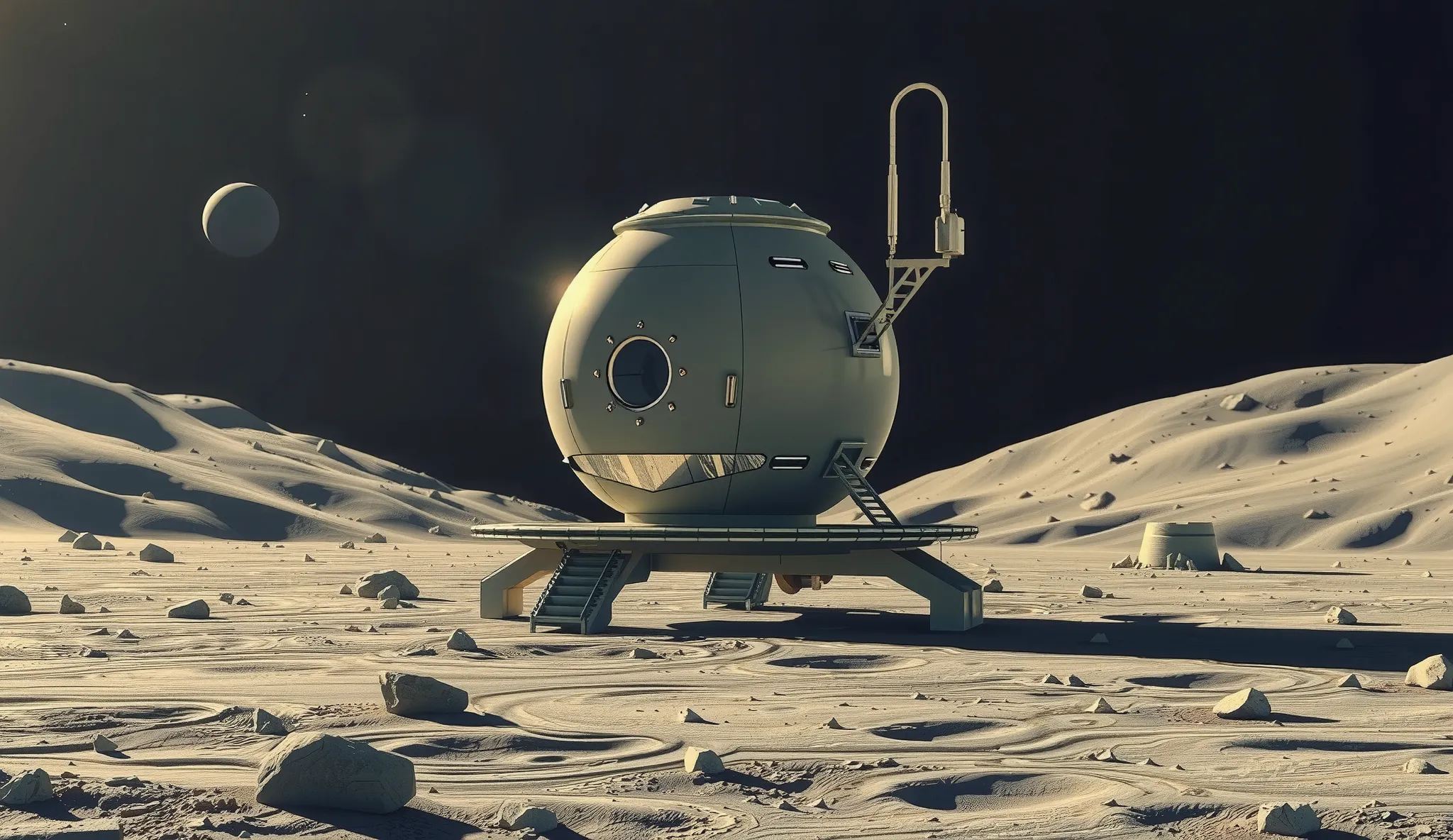 photo of round shape moon base, sharp focus, low-key lighting, cinematic composition, scifi movie