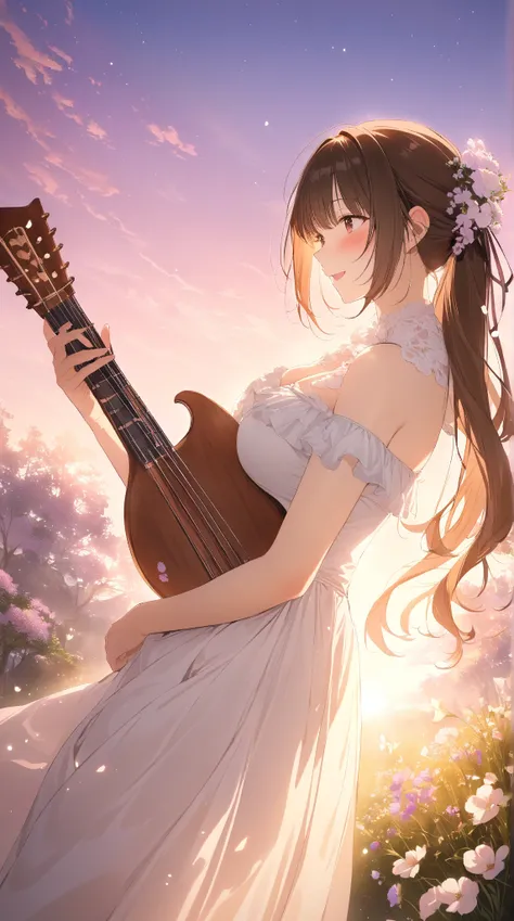 1 girl, ( cute face),  ponytail, to many hairstyle, (blush:1.2),  Big Breasts , ファンタジーの吟遊詩人の衣装,  fantasy bard costume holding a lute ,  Pottery skin ,  Cowboy Shot, break,  Golden Hour , ( Soft Light:1.2), Gentle Shadow , break,  beautiful sunset sky , Flo...