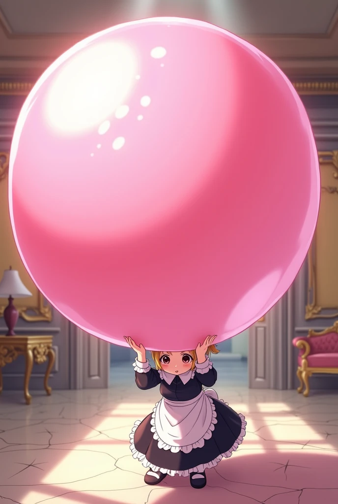 A maid anime girl blowing the largest bubble gum ever pink